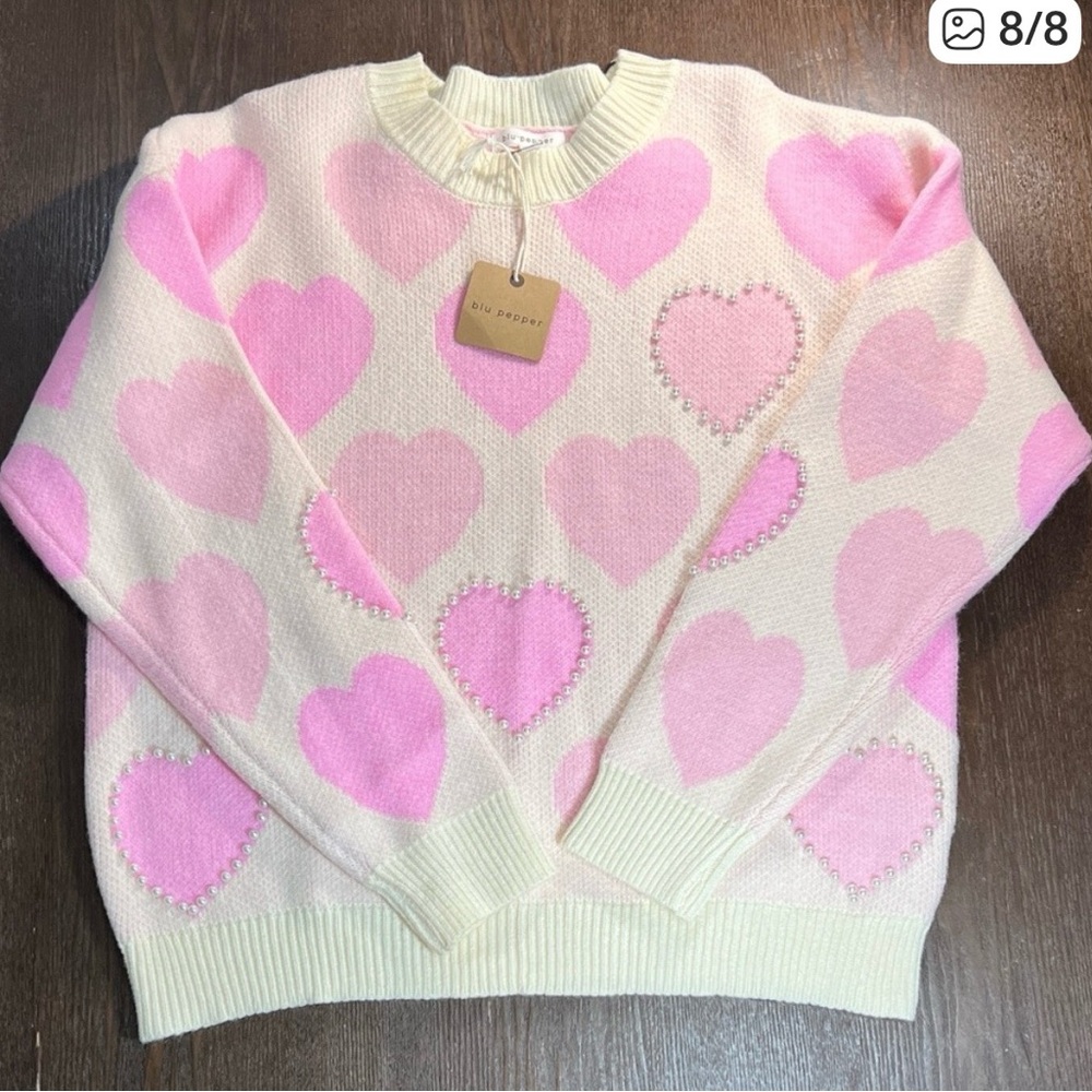 Blu Pepper Cream and Pink Pearl Heart Sweater
